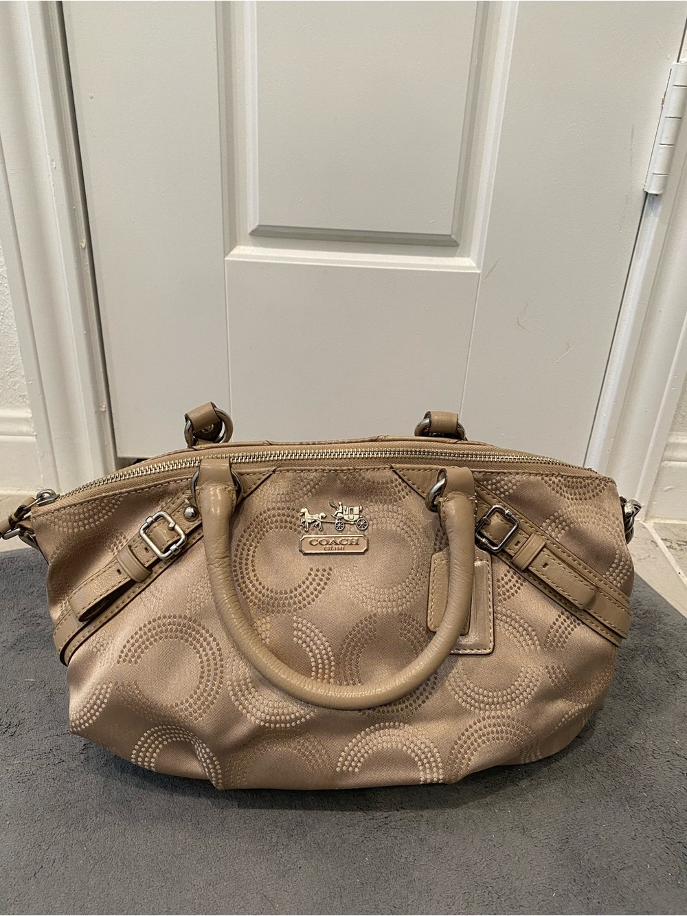 Coach Metallic Taupe Embossed Signature Satchel with Top Handles